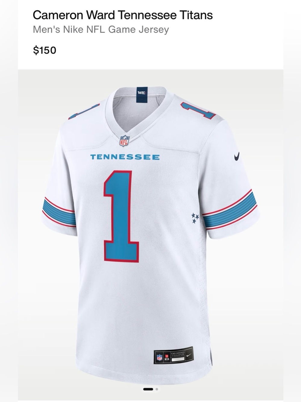 NWT! Cameron Ward Tennessee Titans
Men's Nike NFL Game Jersey Size Small